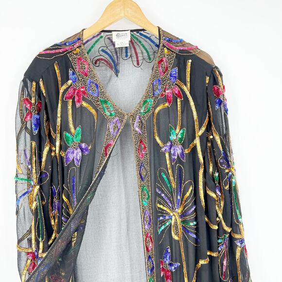 Vintage 1980s Long Sheer Sequin Beaded Duster Coat - Picture 7 of 9